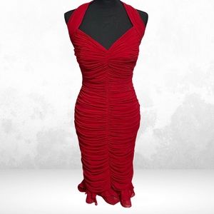 Tadashi Shoji Vintage Red Halter Bodycon Ruched Ruffle Dress EUC size Medium